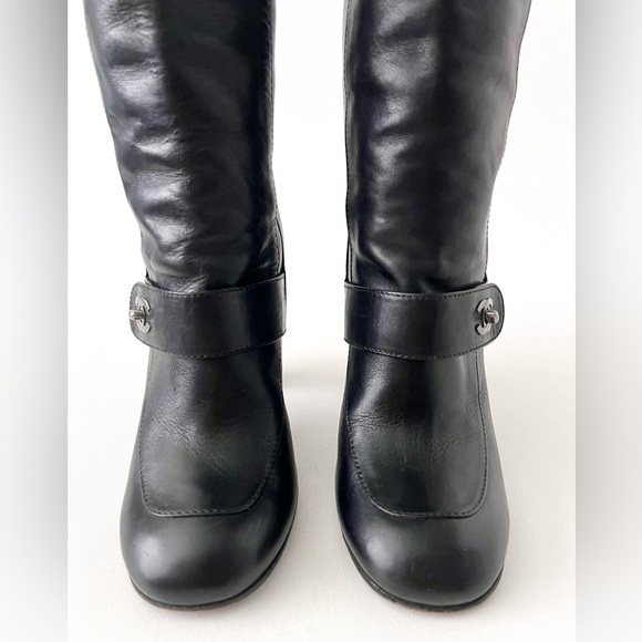 CHANEL | Black Leather Knee High Heel Boots CC Logo Turnlock EU 37 - Picture 4 of 15
